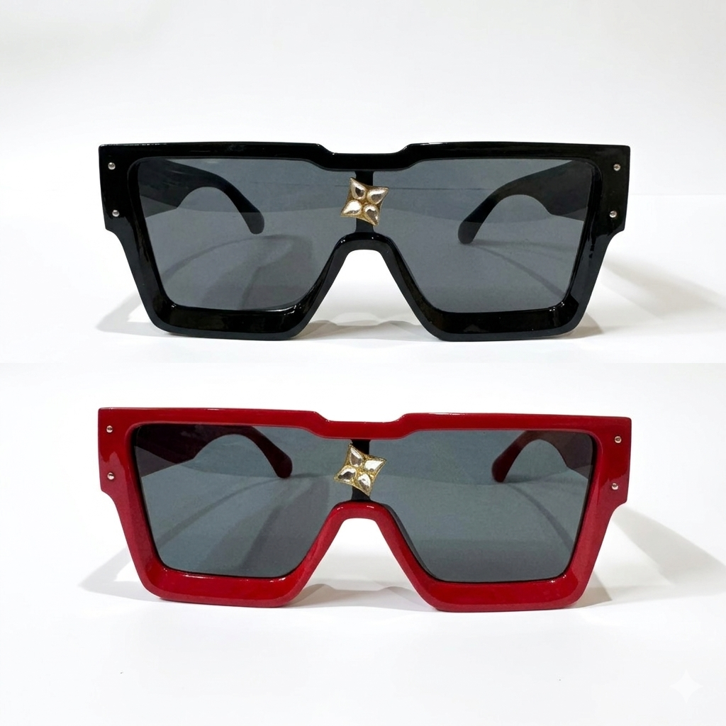 Image shows a pair of high-gloss black oversized square-frame sunglasses on the top and a matching pair in high-gloss red on the bottom, both featuring dark-tinted lenses and a central gold-finished starburst emblem.