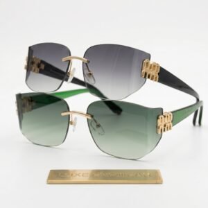 Two pairs of luxury rimless geometric sunglasses with gold accents and gradient lenses (gray and green) displayed on a white surface.